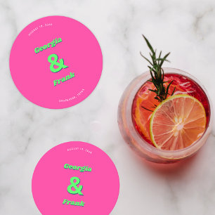 Pink & Green Engagement Party or Weddingg Round Paper Coaster