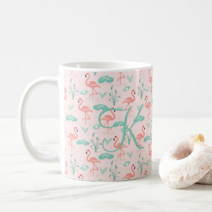 Pink Green Flamingo Monogram Tropical Birds Coffee Mug
