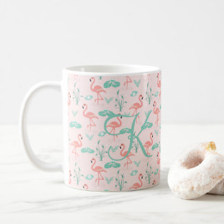 Pink Green Flamingo Monogram Tropical Birds Coffee Mug