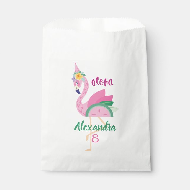 Pink Green Flamingo & Watermelon Tropical Birthday Favour Bag (Front)