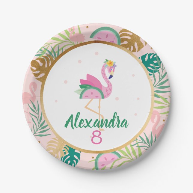 Pink Green Flamingo & Watermelon Tropical Pattern Paper Plate (Front)