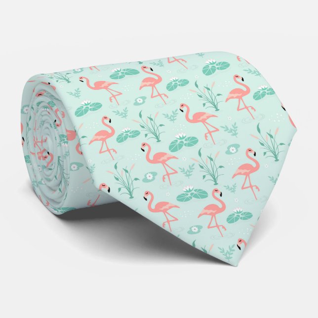 Pink Green Flamingo's Tropical Bird  Tie (Rolled)