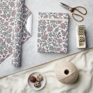 Pink Green Floral Block Print Wrapping Paper