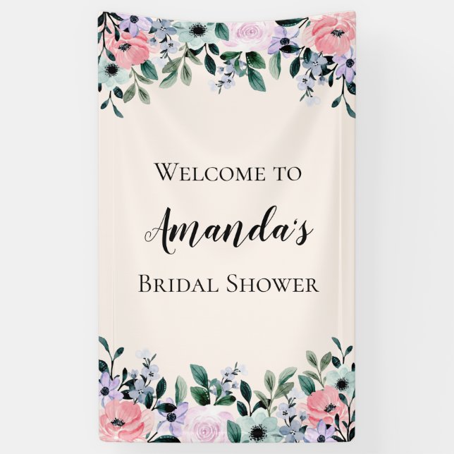 Pink & Green Floral Border Bridal Shower Banner (Vertical)