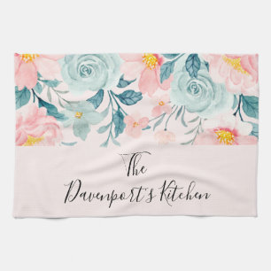 Pink & Green Floral Border Kitchen Towel