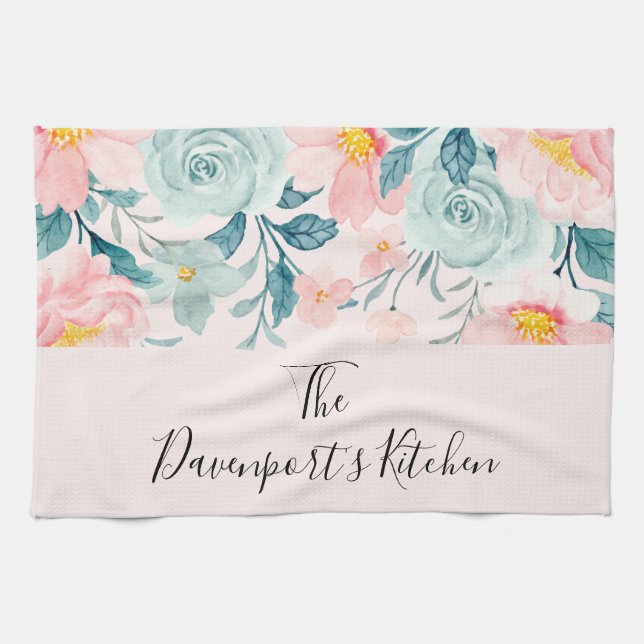 Pink & Green Floral Border Kitchen Towel (Horizontal)