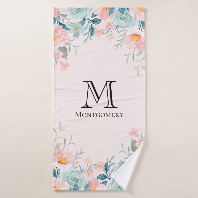 Pink & Green Floral Border Monogram Bath Towel Set (Bath Towel)
