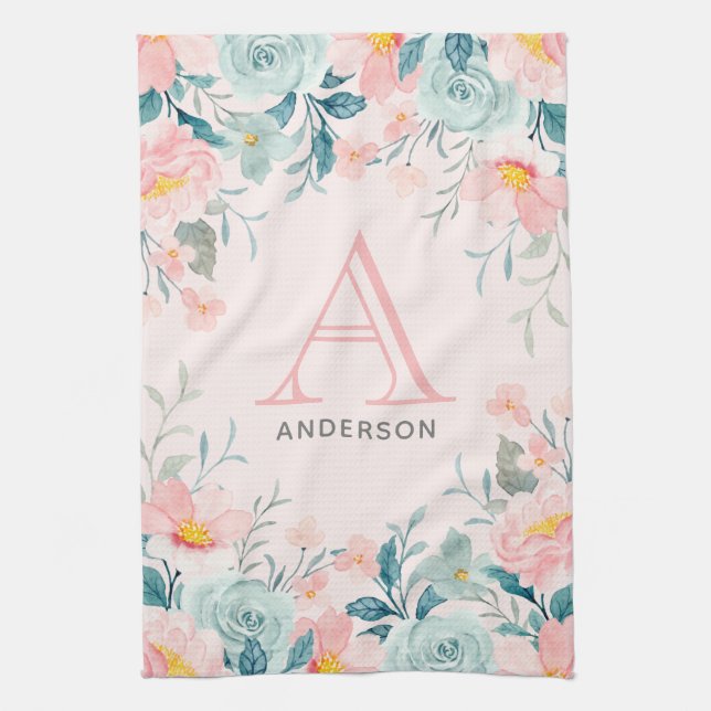 Pink & Green Floral Border Monogram Kitchen Towel (Vertical)