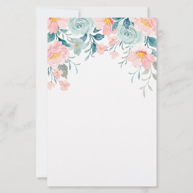 Pink & Green Floral Border Stationery (Front)