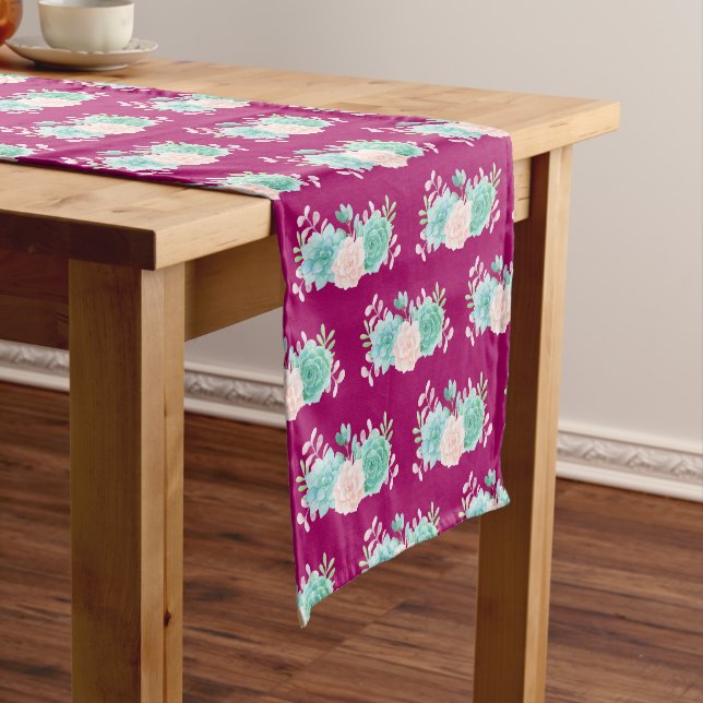 Pink & Green Floral Bouquet on Magenta Pattern Short Table Runner (In Situ)