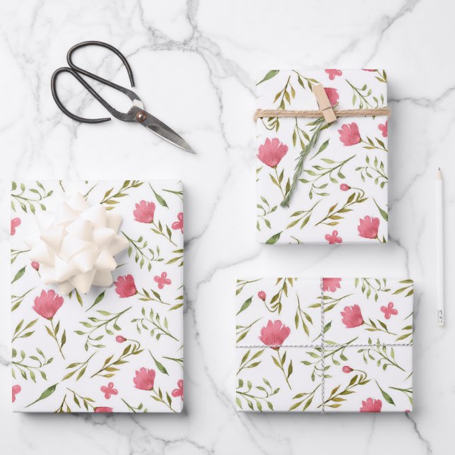 Pink Green Floral Flowers Feminine Wrapping Paper (Front)