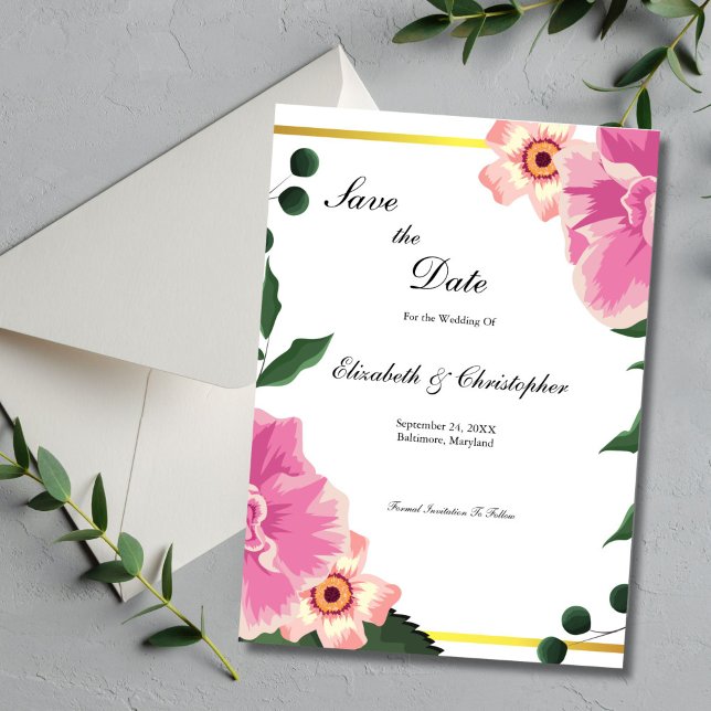 Pink Green Floral Gold Border Wedding Save The Date (Pink green floral wedding save the date card. Elegant and formal.)