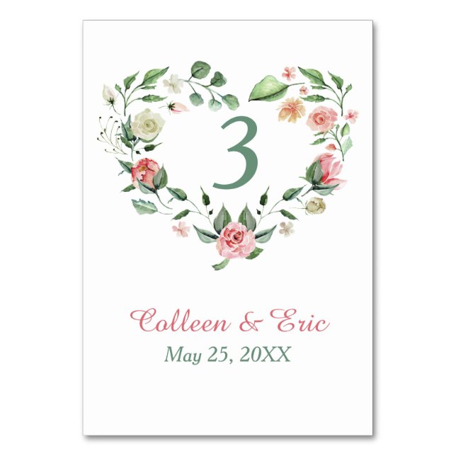 Pink Green Floral Heart Wreath Table Number Card (Front)