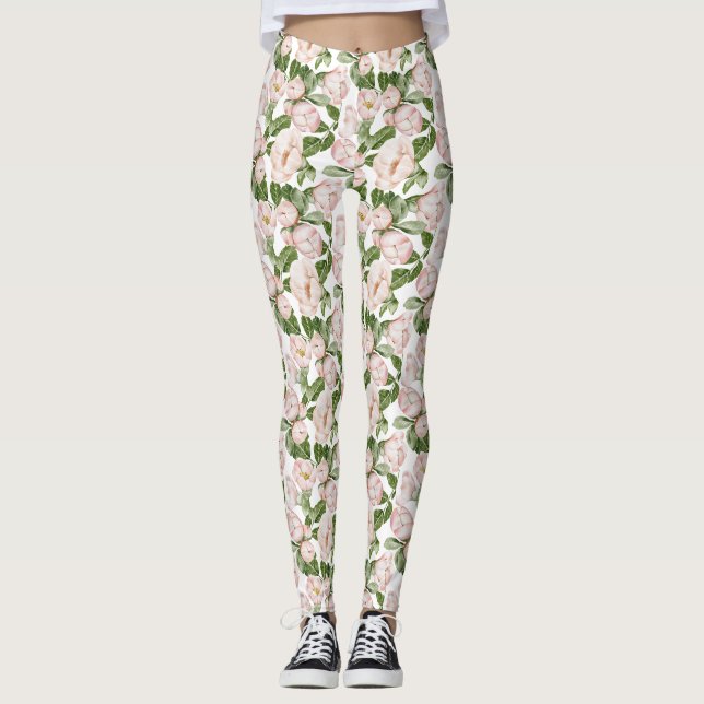  Pink Green Floral  Leggings (Front)
