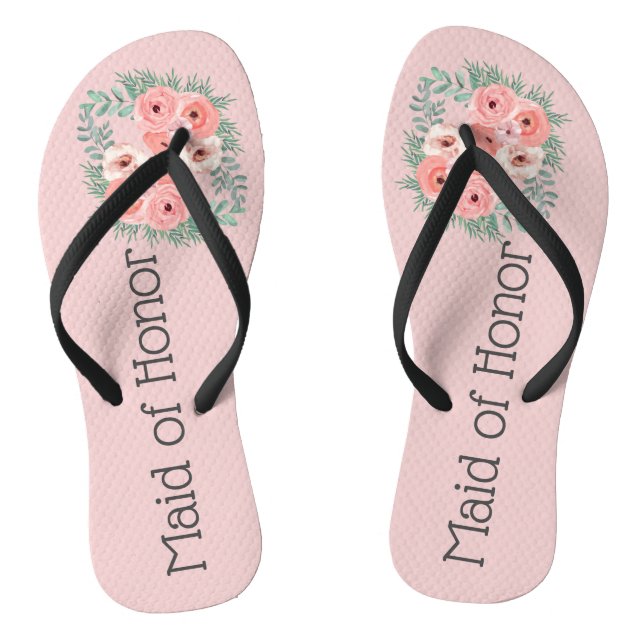 Pink Green Floral Maid of Honour Flip Flops (Footbed)