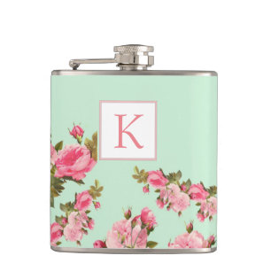 Pink Green Floral Monogram Bridesmaid Flask