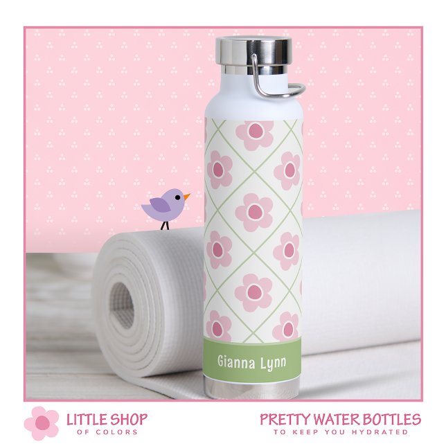 Pink Green Floral Personalized Water Bottle (Creator Uploaded)