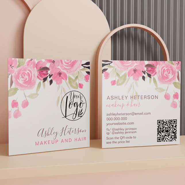 Pink green floral qr code logo hair makeup square business card (Creator Uploaded)