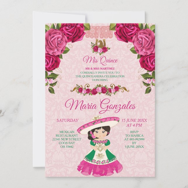 Pink & Green Floral Rose Fiesta Mexican Mis Quince Invitation (Front)