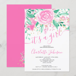 Pink green floral rose watercolor girl baby shower invitation