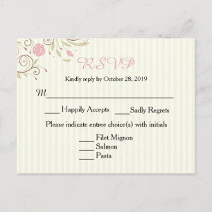 Pink & Green Floral Stripe Wedding RSVP Post Card