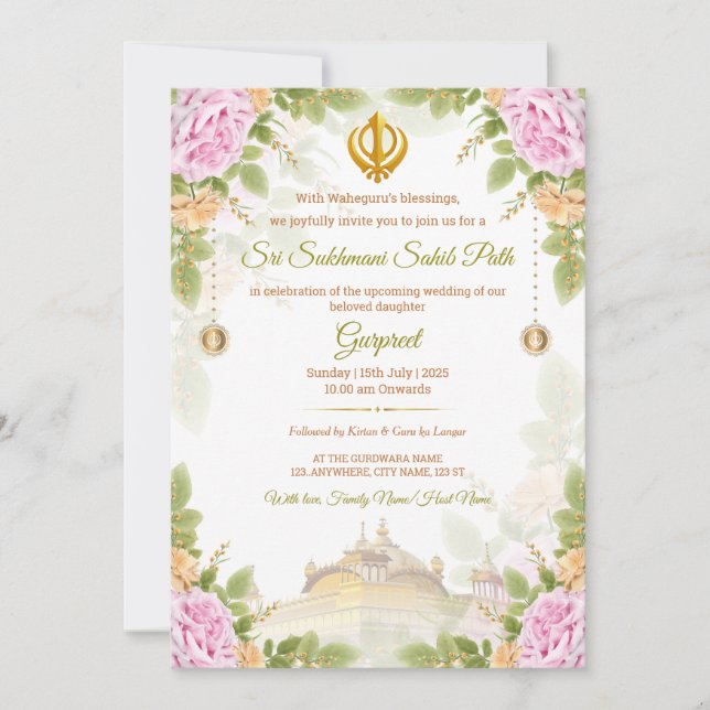 Pink & Green Floral Sukhmani Path Invitation Card (Devant)