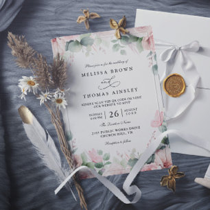 Pink Green Floral Watercolor Chic QR Code Wedding Invitation