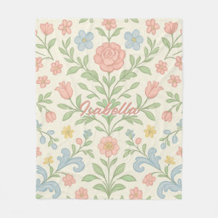 Pink Green Floral Watercolor Fleece Blanket
