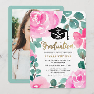 Pink green floral watercolor photo graduation invitation