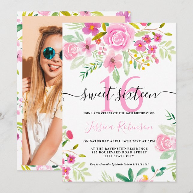 Pink green floral watercolor script Sweet 16 Invitation (Front/Back)