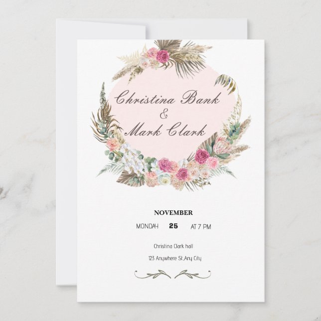 Pink , green floral watercolor wedding invitatio invitation (Front)