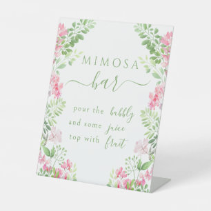 Pink Green Floral Wreath Mimosa Bar Bridal Shower Pedestal Sign