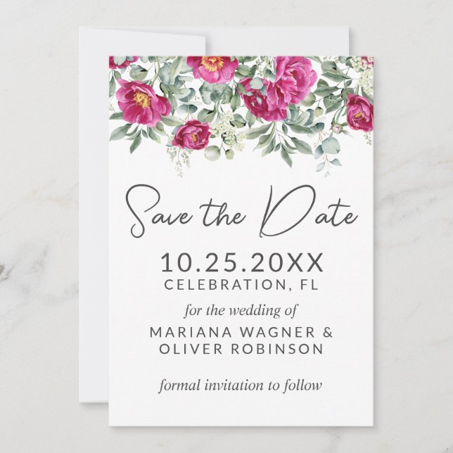 Pink Green Flowers Sage Save the Date Card (Front)