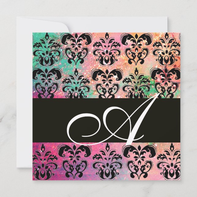 PINK GREEN FUCHSIA BLACK  DAMASK MONOGRAM , white Invitation (Front)