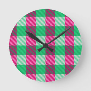 Pink Green Gingham Check Design Round Clock