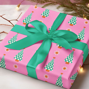 Pink Green Gingham Christmas Tree Retro Pattern Wrapping Paper