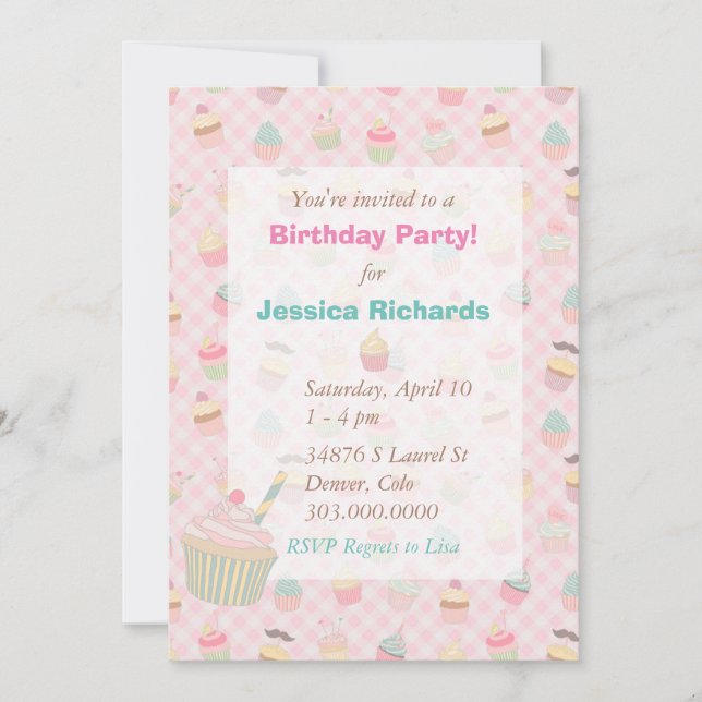 Pink Green Gingham Cupcake Birthday Party Invitation (Front)