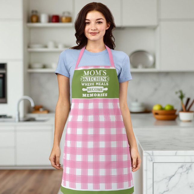 Pink Green Gingham Mom's Meals Become Memories Apron (Creator Uploaded)