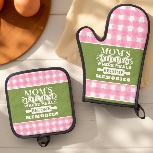 Pink Green Gingham Mom's Meals Become Memories Oven Mitt & Pot Holder Set (Creator Uploaded)