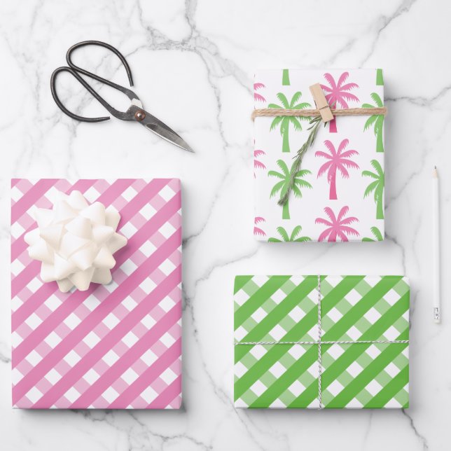 Pink & Green Gingham & Palm Trees Gift Wrap Sheets (Front)