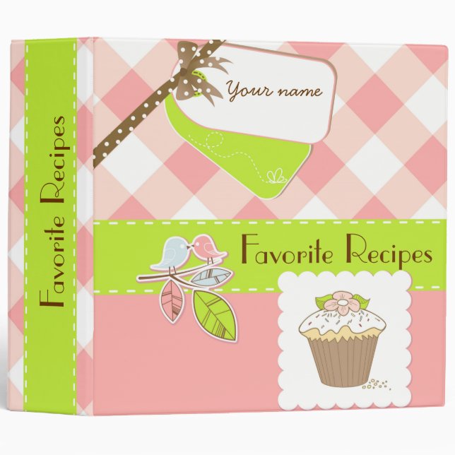 Pink/Green Gingham Personalized Recipe Book Binder (Front/Spine)