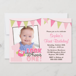 Pink Green Girl Owl 1st Photo Birthday Invitations