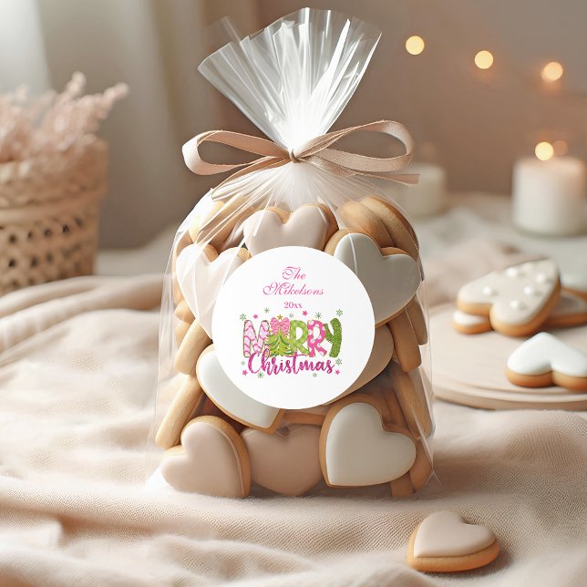 Pink Green Glitter Merry Christmas Classic Round Sticker (Creator Uploaded)