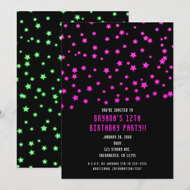 Pink Green Glowing Stars Birthday Party Invitation (Front/Back)