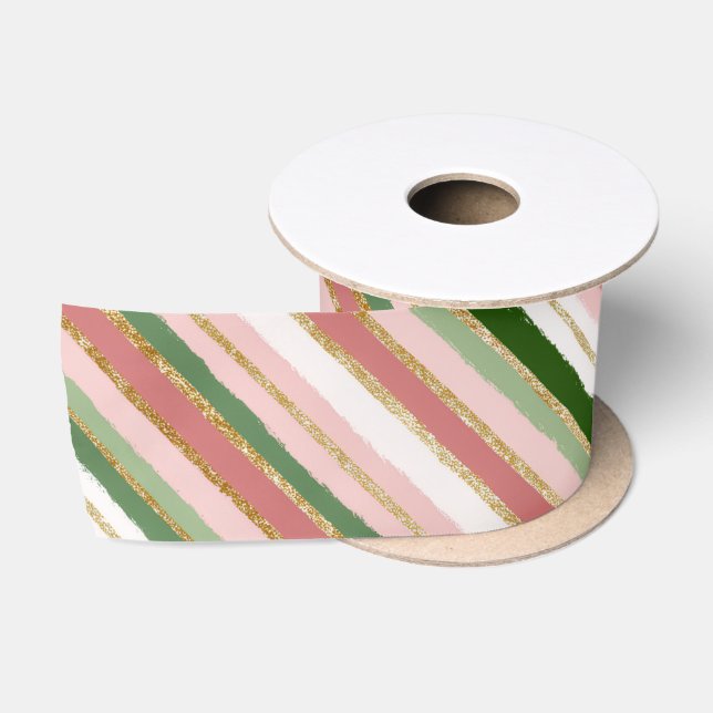 Pink Green Gold Christmas Stripes Satin Ribbon (Spool)
