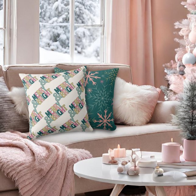 Pink Green Gold Glitter Merry & Bright Snowflakes Throw Pillow (Creator Uploaded)