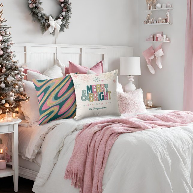 Pink Green Gold Retro Merry Bright Snowflakes Name Throw Pillow (Creator Uploaded)