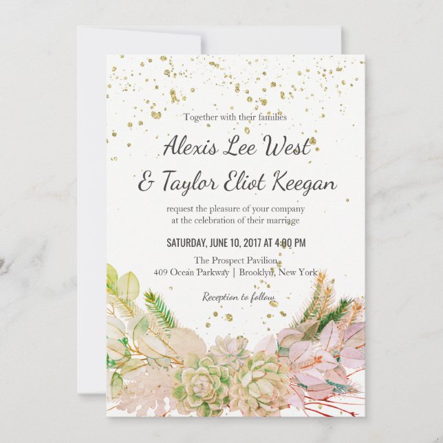 Pink Green Gold Romantic Succulent Wedding Invites (Front)