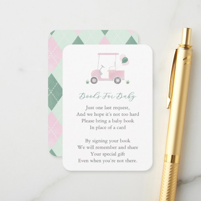 Pink Green Golf Cart Baby Shower Bring A Book  Enclosure Card (Front/Back In Situ)