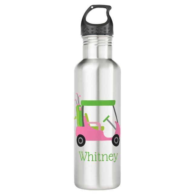 Pink & Green Golf Cart Personalized Water Bottle (Front)